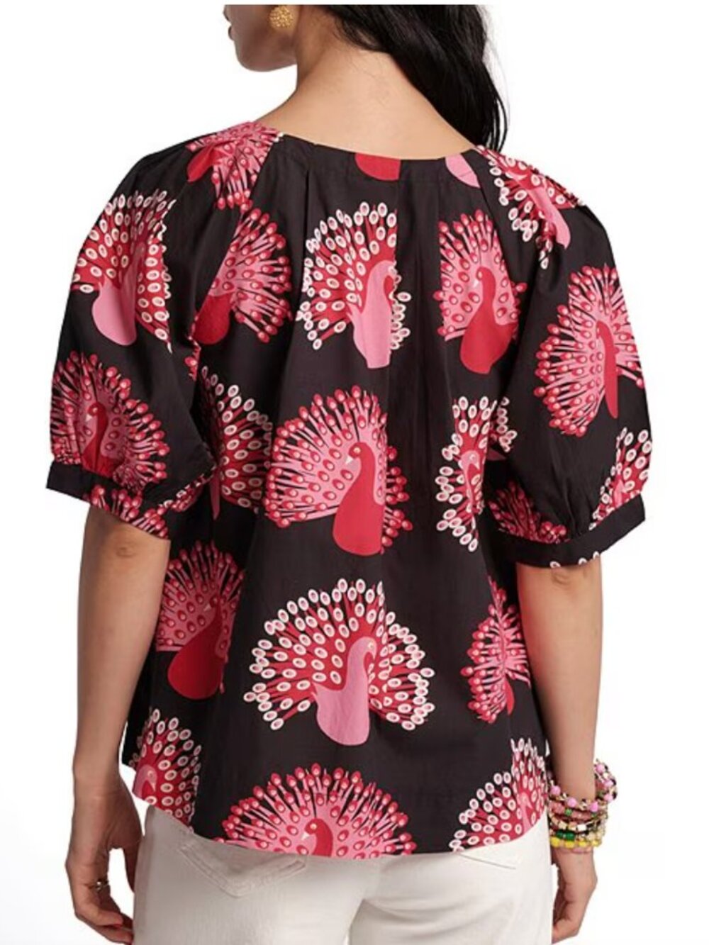Frances Valentine- Zonda Peacock Printed Cotton Scoop-Neck Puff-Sleeve Top - Picture 3 of 9